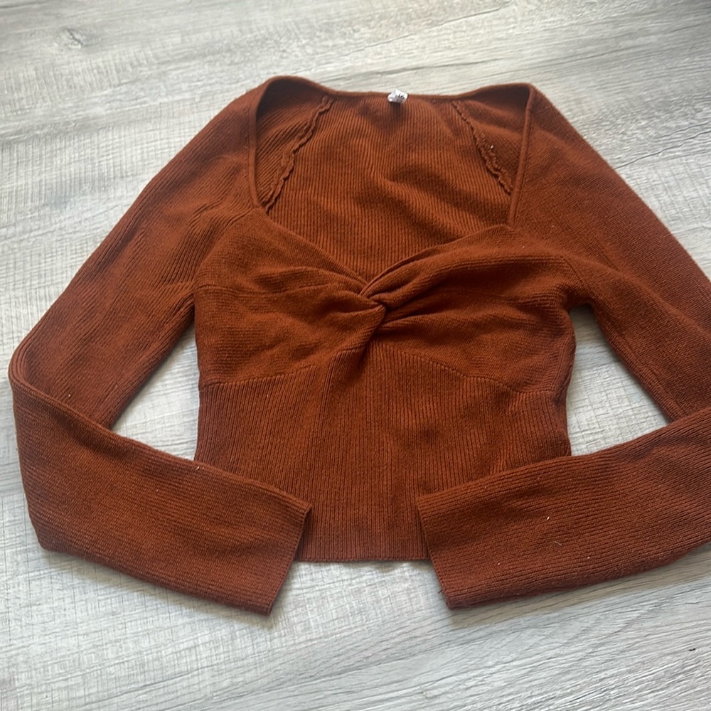 Basic Long Sleeve Cross Wrap Ribbed Knit Tee Shirt Front Knot knitted top